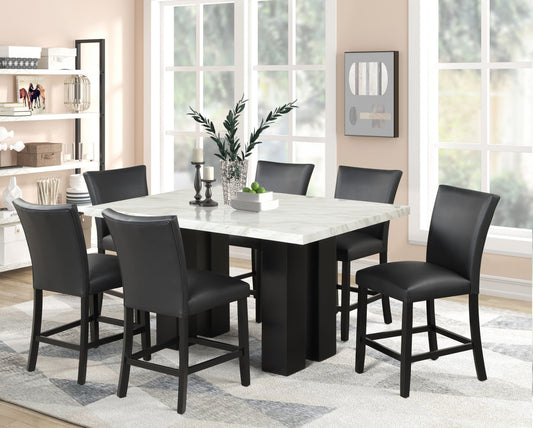 2220 PU - (FAUX MARBLE) Black PU Counter Height Table + 6 Chair Set