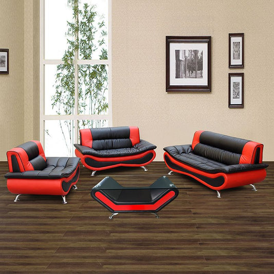 Black & Red Recycled Leather 3-Piece Living Room Sofa Set