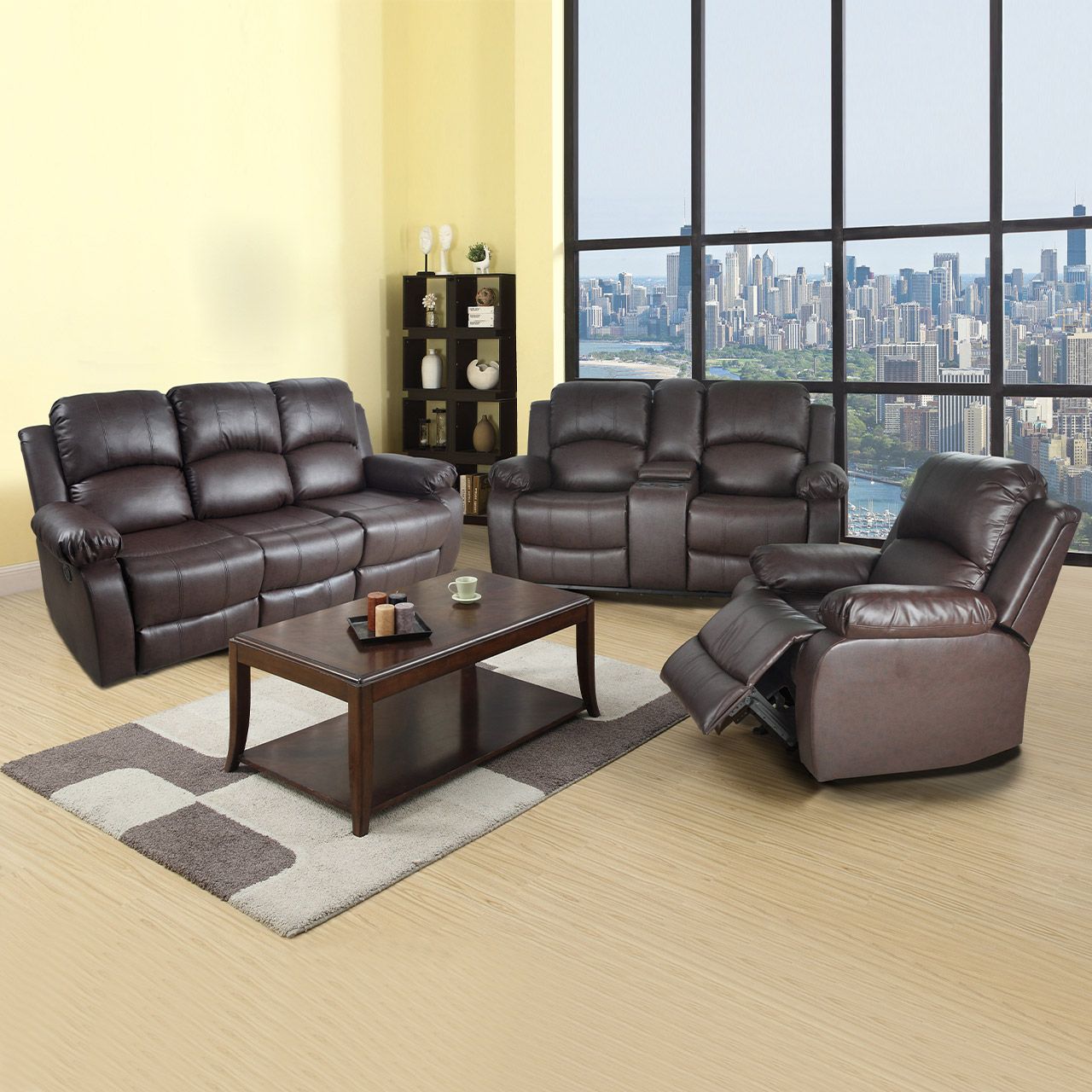 GS2890 Brown Recycled Leather 3-Piece Couch Living Room Sofa Set