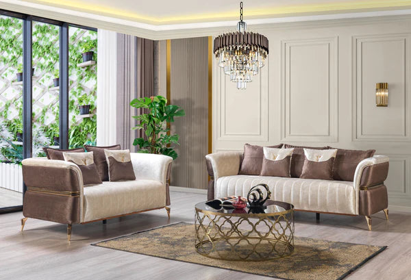 Leina Ivory-Coffee Velvet Sofa & Loveseat