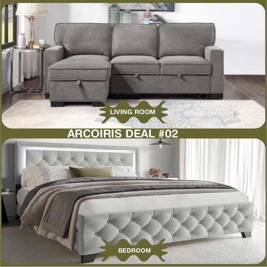 Platform Bed + 2PC SECTIONAL W/PULL- OUT BED & RAF CHAISE WITH STORAGE