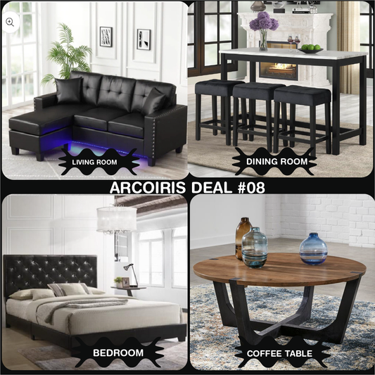 Reversible Sectional  + Dining Table + 3 Chair Set  + Cocktail Table + Black Platform bed