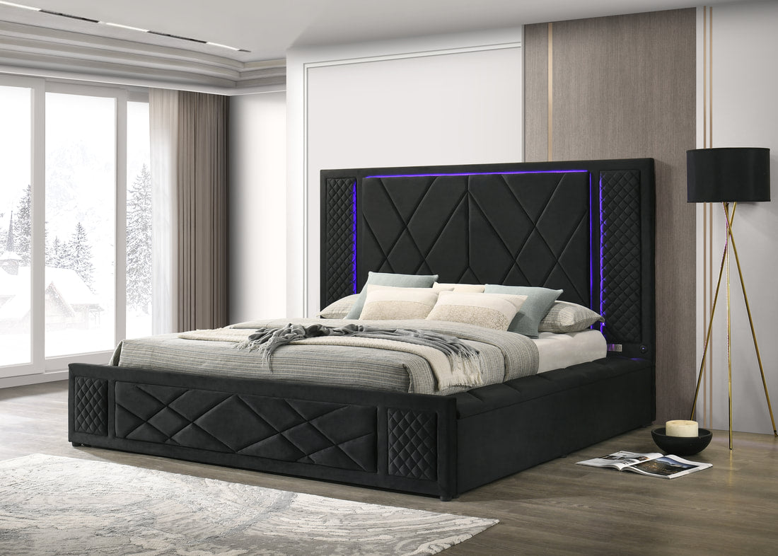 Lorenzo Black Platform Bed (w/ LED LIGHTS & BLUETOOTH SPEAKERS)