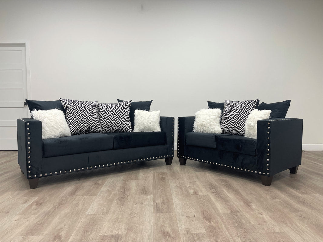 210-2PC-Black Velvet Sofa & Loveseat