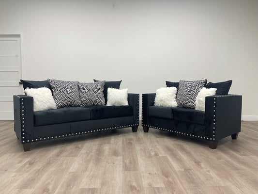 210-2PC-Black Velvet Sofa & Loveseat